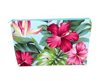 Hawaii Make-up Bag, Cosmetic Zipper Pouch, Pink Hibiscus Garden