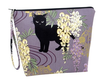 Tall Zippered Pouch, Black Cat Standing on Muted Purple, Knitting Project Bag