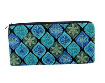 Long Zipper Pencil Pouch, Peacock Leaves, Turquoise and Black