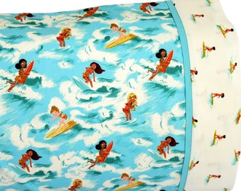 Surfer Girl Pillow Case, Heather Ross Malibu, Standard Kids Bed Pillowcase