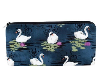 Swan Zippered Pencil Pouch, Swan Lake, Michael Miller Fabric, Deep Blue Zipper Bag