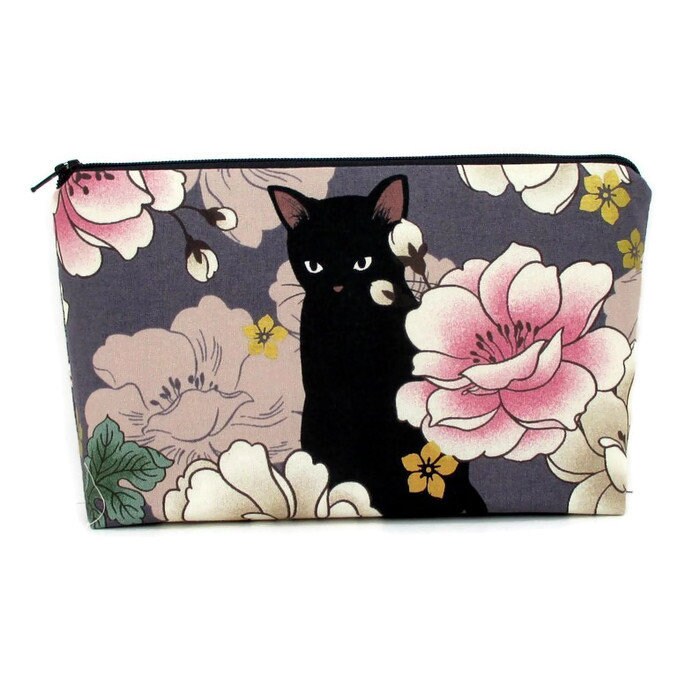 Zippered Make Up Bag, Black Cat Floral, Muted Purple, Cosmetic Bag Po…