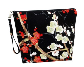 Tall Zippered Pouch, Asian Golden Garden in Black, Cosmetic Bag, Cherry Blossom Project Bag