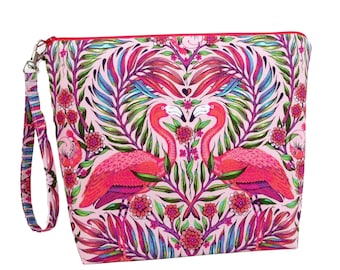 Flamingo Tall Zippered Pouch, Tula Pink Daydreamer, Cosmetic Bag, Knitting Project Bag with Strap