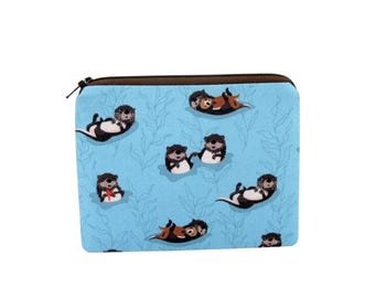 Otter Zipper Pouch, Alaska Sea Otters on Blue, Small Zip Bag