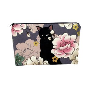 Trousse à maquillage avec fermeture à glissière, motif floral chat noir, violet clair, pochette à cosmétiques