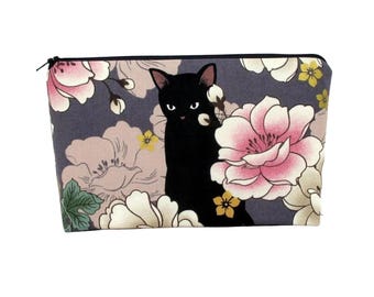 Zippered Make Up Bag, Black Cat Floral, Muted Purple, Cosmetic Bag Pouch
