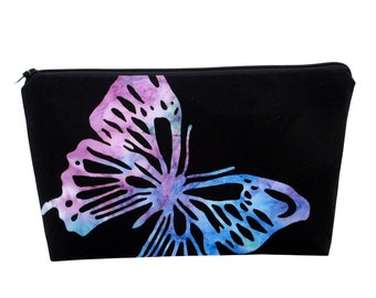 Make Up Bag, Butterfly Batik, Black Cosmetic Zipper Pouch