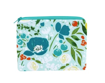 Small Zipper Pouch, Aqua Floral Meadow Bag