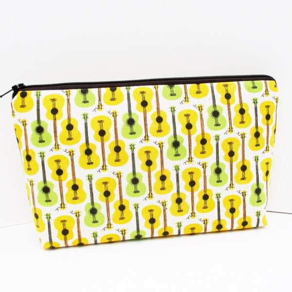 Cosmetic Zipper Pouch, Ukuleles in Lemon-Lime, Heather Ross Fabric