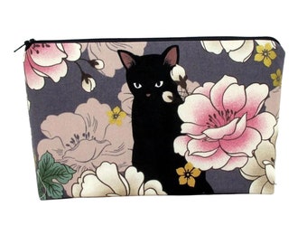 Zippered Make Up Bag, Black Cat Floral, Muted Purple, Cosmetic Bag Pouch