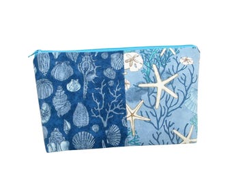 Make up Cosmetic Zippered Pouch, Serena Shores, Ocean Shells Patchwork