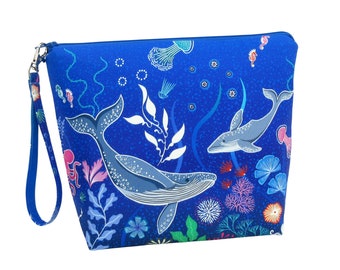 Tall Zippered Pouch, Ocean Glow Whale Family, Cosmetic Bag, Knitting Project Bag