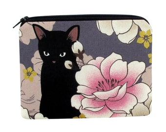 Small Zipper Pouch, Black Cat Floral on Dusty Purple, Notions Bag or Zippered Coin Purse