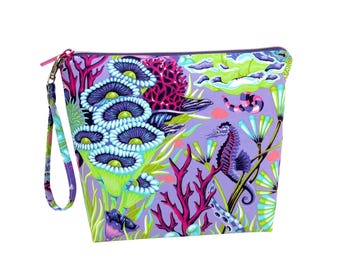 Seahorse Tall Zippered Pouch, Tula Pink Floral Reef, Cosmetic Bag or Knitting Project Bag with Strap