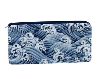 Tsunami Ocean, Zippered Pencil Pouch, Indigo Blue Wave Bag with Silver Metallic