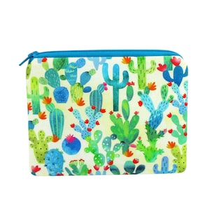May include: A turquoise zippered pouch with a white background and a repeating pattern of green, blue, and pink cacti.