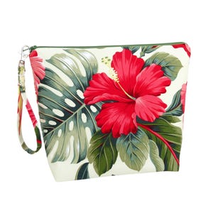 Project Bag, Tall Zippered Pouch, Retro Hawaiian Hibiscus Flowers on Cream, Tropical Cosmetic Bag