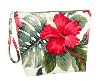 Project Bag, Tall Zippered Pouch, Retro Hawaiian Hibiscus Flowers on Cream, Tropical Cosmetic Bag