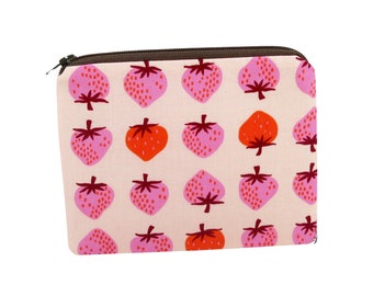 Pink Strawberries Pouch, Small Zippered Bag