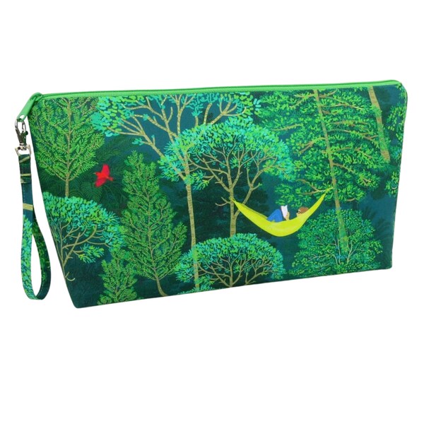 Knitting Project Bag, Reading in a Rainforest,  XL Zipper Pouch Wedge Bag