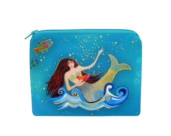 Teal Sea Mermaid, Small Zipper Pouch, Laurel Burch Fabric