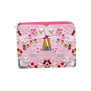 Windmill Zipper Pouch, Dutch Tulip Fields on Pink, Holland Zippered Bag