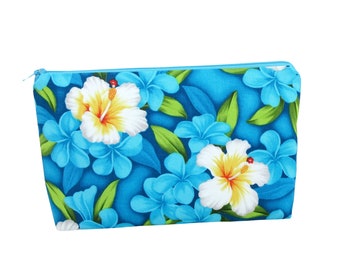 Hawaii Zippered Make Up Bag, Plumeria Garden on Turquoise, Tropical Cosmetic Zipper Pouch