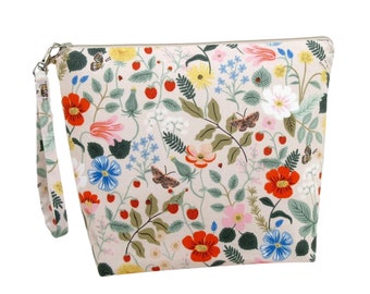 Floral Project Bag, Tall Zippered Pouch, Strawberry Fields in Blush Bag