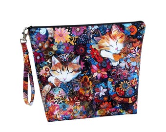 Tall Zippered Pouch, Calico Cats Knitting Project Bag