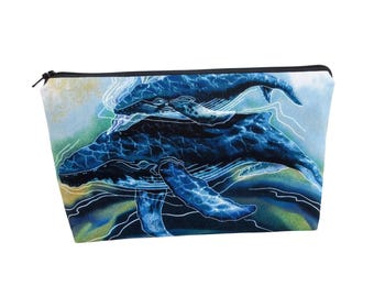 Make Up Cosmetic Zipper Pouch, Mother Baby Blue Whales, By Ocean Patch
