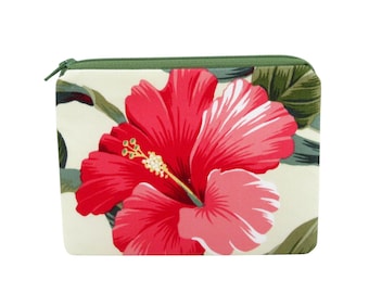 Small Zipper Pouch, Pink Hawaiian Hibiscus, Tropical Coin Purse