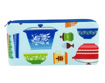 Zip Bag, Retro Kitchen on Blue, Zippered Pencil Pouch