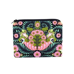 May include: A rectangular zippered pouch featuring a black background with a repeating pattern of green turtles, light pink flowers, and teal swirling leaf motifs. The design is symmetrical, with the turtle centered and surrounded by floral elements.