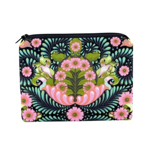 May include: A black zippered pouch with a floral print. The print features pink flowers, green leaves, and a teal background.
