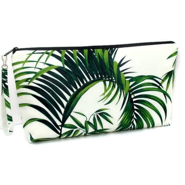 Big Knitting Project Bag, Tropical Palm Leaves, XL Zipper Pouch, Padded Wedge Bag