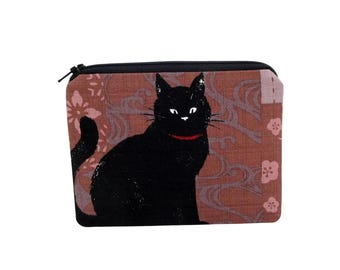 Cat Zipper Pouch, Black Cat on Mauve, Small Zippered Bag