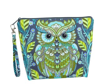 Owl Tall Zippered Pouch, Gray Tula Pink Full Moon Forest Cosmetic Bag or Knitting Project Bag with Strap