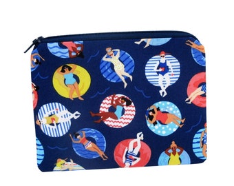 Pool Floats Zipper Bag, Bathing Beauties on Navy Small Zippered Pouch