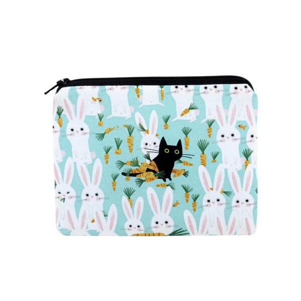 Bunny Zipper Pouch, Bunny and Cat Meowscapades, Spring Easter Rabbit Bag