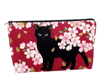 Cherry Blossom Cat Zipper Pouch, Maroon Cosmetic Bag