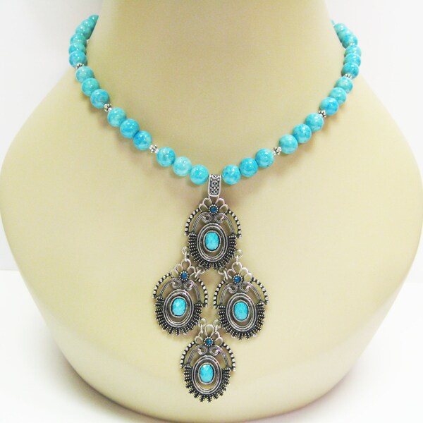 Statement Necklace - Antique Bronze and Blue Turquoise Fashion Pendant Necklace - Turquoise Blue Gemstone Necklace - Handmade Necklace