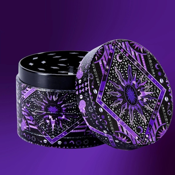 Psychedelic Sun Moon Herb Grinder | 4-Layer Zinc Spice Grinder with Pollen Catcher | Unique Cosmic Sun & Moon Design Gift