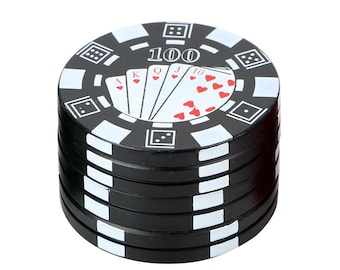 Grinder 42mm (1.7inch) – Poker Chip Style – 3-Layer Herb Spice Crusher | Green Red Black 25 Chip Design | Portable Tobacco Grinder