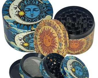 1.6"/2" Metal Moon & Sun Herb Grinder | 4-Layer Boho Spice Grinder | Salt Pepper Tobacco Grinder | Unique Cosmic Kitchen Tool