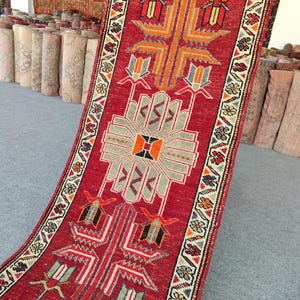 16 Feet Herki runner extra long, Stair rug runner, Skinny long runner antique 2x16, Red runner 2x16 vintage, Persian heriz rug, Narrow rug