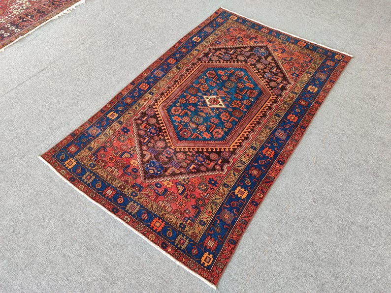 May include: A rectangular, hand-knotted rug with a central geometric medallion in shades of blue, brown, and red. The rug features intricate floral and geometric patterns, with a dark blue border and a cream fringe.
