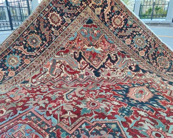 10x13 Heriz area rug, Oversize Karaja rug 10x13, Antique 10x13 Serapi rug, Large oriental rug 10x13 Colorful, Living room rug 10x13 red