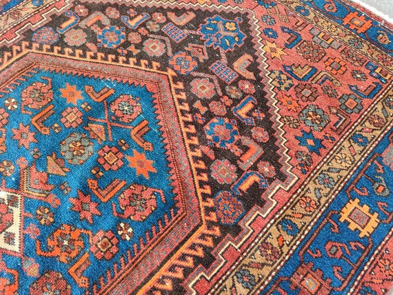 Antique 4x6 Karaja rug, Vibrant heriz rug 4x6, Serapi rug 4x6 vintage, Afghan rug, Dark turkish rug 4x6, Oriental rug, Kurdish rug