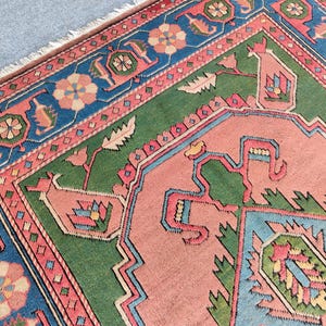 5x7 Green Oushak rug, Turkish rug 5x7, Afghan area rug 5x7, Persian 5x7 heriz rug, Shaggy rug, Colorful rug, Vintage 5x7 Oriental rug wool